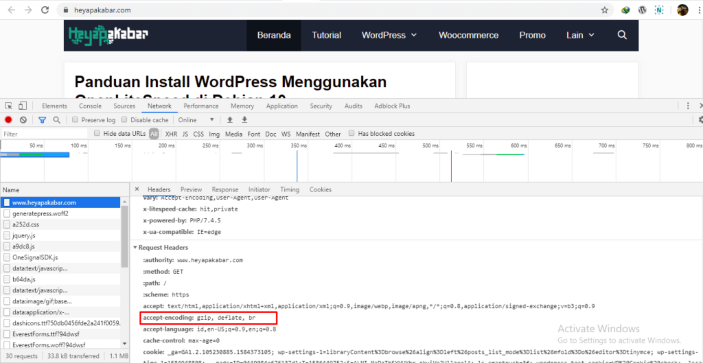 Cara Mudah Mengaktifkan Gzip Compression di WordPress 3 Pengujian Gzip Menggunakan Dev Tools Browser